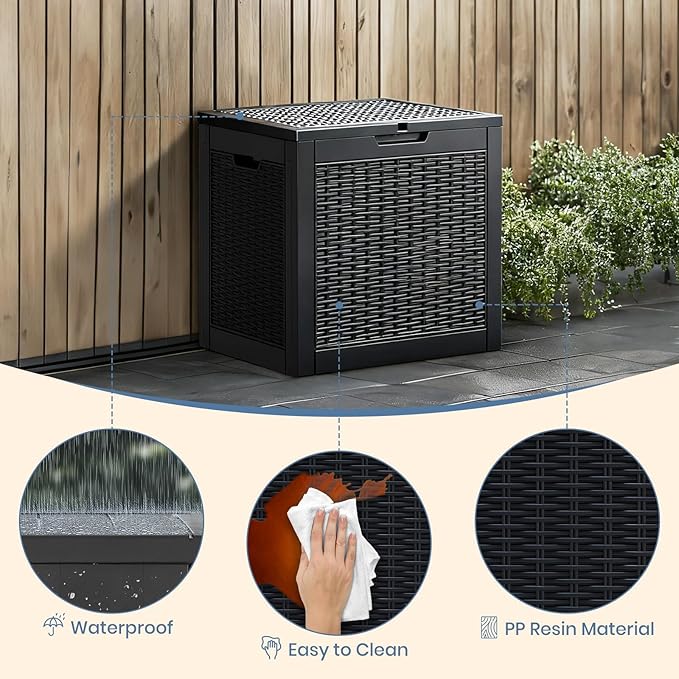 NEWBULIG 31 Gallon Outdoor Storage Box, Waterproof Deck Box with Lockable Lid, Patio Furniture Bench & Side Table, Easy Assembly, for Garden, Pool, Patio & Backyard Organization, Rattan Texture Black - Image 4
