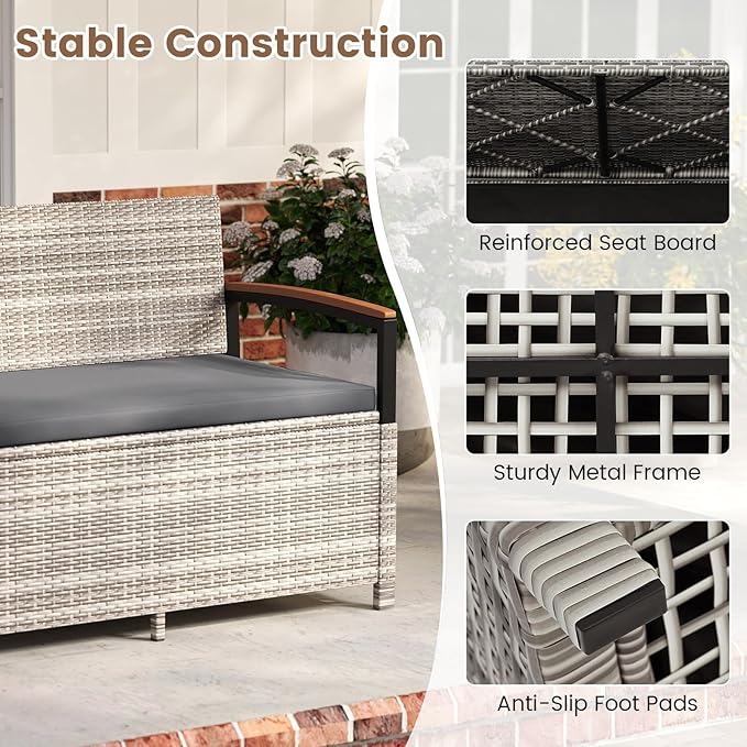 Tangkula 46 Gallon Outdoor Bench with Storage, Outdoor PE Rattan Storage Bench with Cushion, Backrest & Acacia Wood Armrests, Metal Frame, Waterproof Deck Box Seat for Porch Backyard Poolside - Image 7