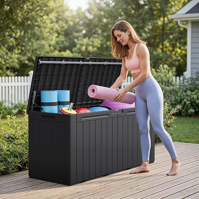 Greesum 110 Gallon Outdoor Storage Box with Lockable Lid, All-Weather Solution for Patio Furniture, Pool Supplies & Garden Tools, Waterproof, UV-Resistant Large Deck Box, Black - Image 5