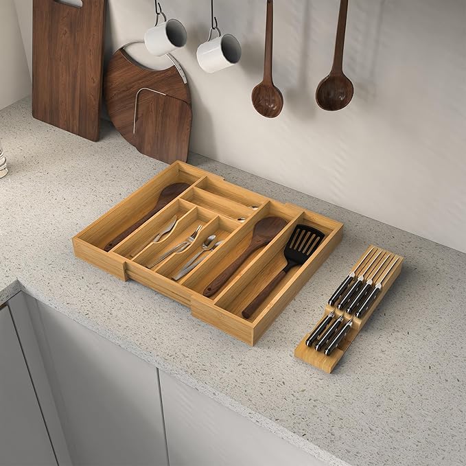 Bamboo Kitchen Drawer Organizer, Expandable Silverware Organizer - Image 5