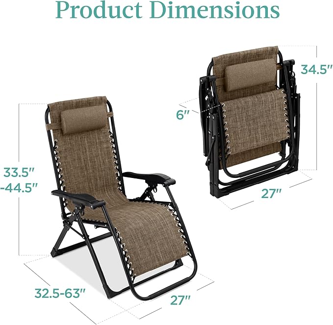 Best Choice Products Oversized Zero Gravity Chair, Folding Outdoor Patio Recliner, XL Anti Gravity Lounger w/Removable Cushion, Cup Holder, Side Tray, 350lb Capacity - Taupe - Image 2