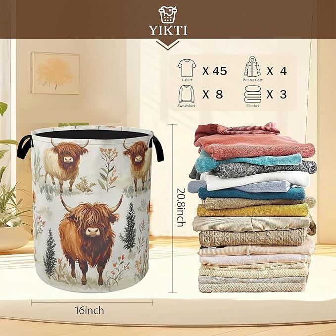 Laundry Hamper, Highland Cow Laundry Basket, Farmhouse Watercolor Flower - Image 2