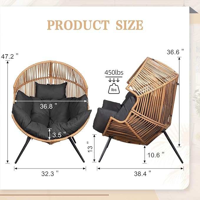 Vongrasig Wicker Egg Chair PE Rattan Chair with Cushion, Oversized Patio Lounge Chair for Outdoor, Indoor, Balcony, Backyard, Garden, Living Room, Black - Image 2