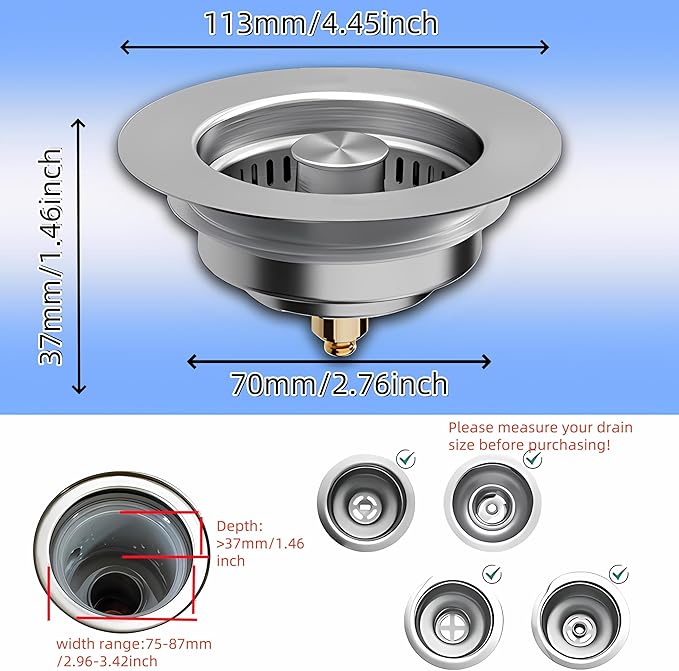 2 Pcs 3 in 1 Kitchen Sink Drain Strainer, Universal Stainless Steel Kitchen - Image 6