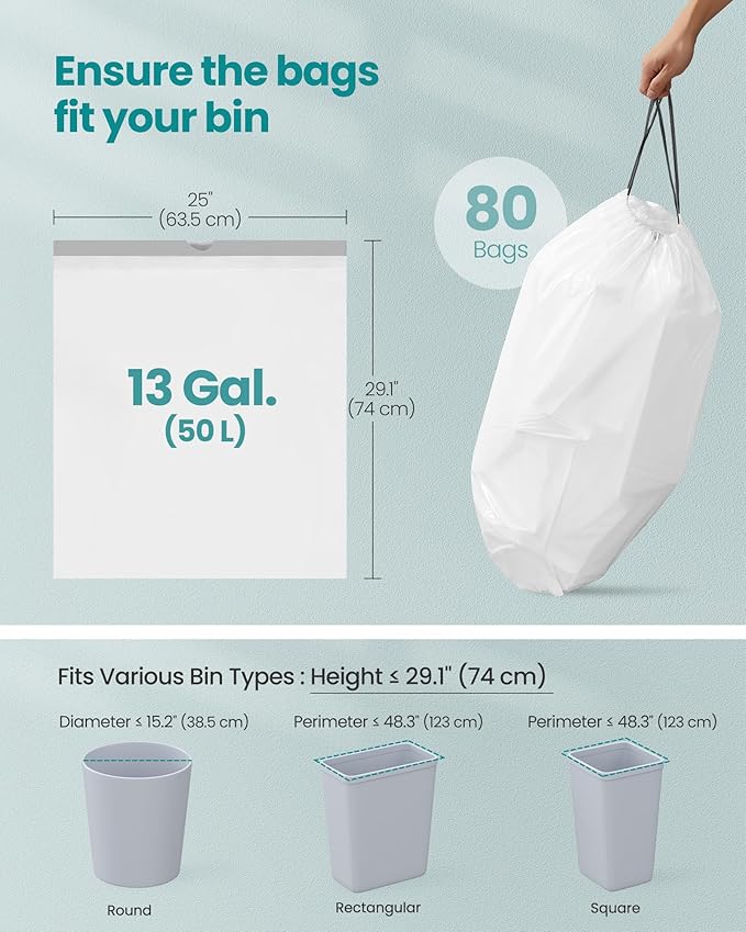 SONGMICS Trash Bags for 13-Gallon Trash Cans, Drawstring Kitchen Garbage Bags - Image 6