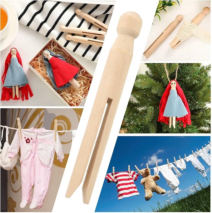 Zubebe 200 Pack Wooden Clothespins 4.3 Inch Vintage Dolly Clothes Pegs Wood - Image 3
