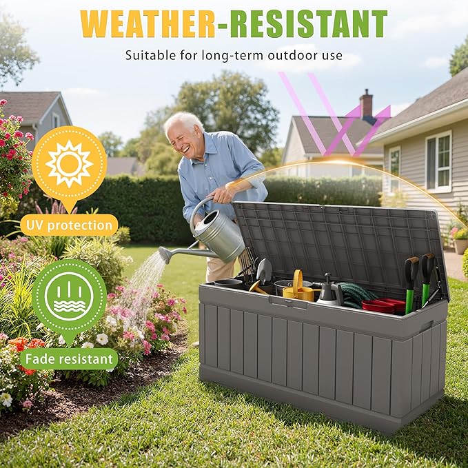 Greesum Outdoor Storage Box 82 Gallon Storage Bin with Lid for Patio Furniture, Garden Tools, Pool Supplies, Waterproof and UV Resistant, Lockable, Coffee - Image 3