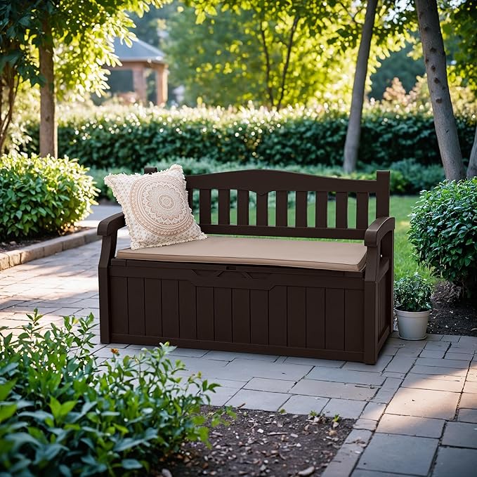 Devoko 80 Gallon Storage Bench Deck Box Lockable for Patio Furniture, Garden Decor and Outdoor Seating for Cushions, Garden Tools and Pool Supplies(Dark Brown) - Image 2
