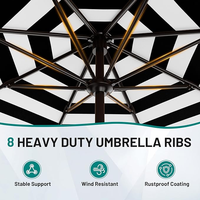 AreShark 9 FT Patio Umbrella for Outdoor, Outdoor Table Umbrella with Push Button Tilt and Crank, Outdoor Patio Umbrellas with 8 Sturdy Ribs for Market, Garden, Pool (Black & White Stripe) - Image 3