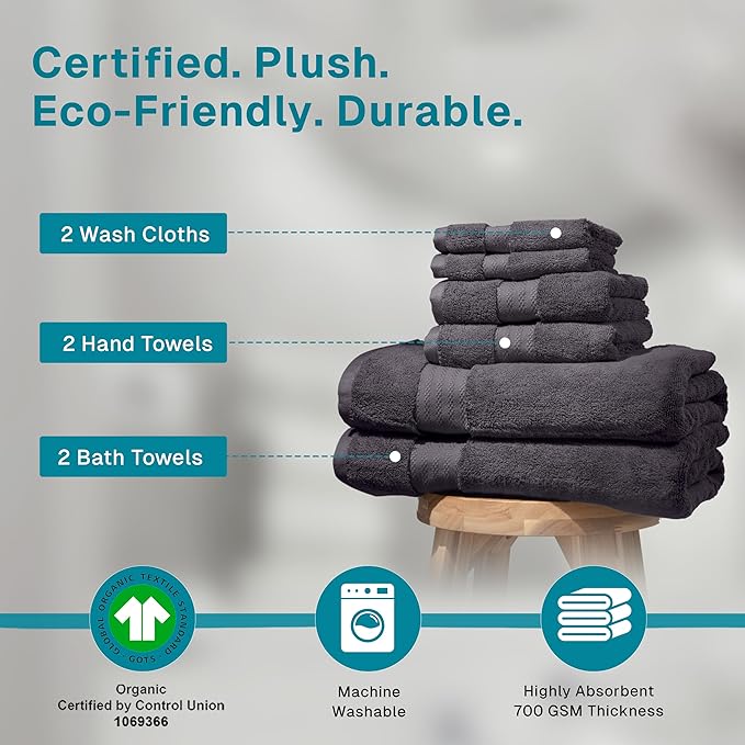 Fabdreams 100% Organic Cotton Bath Towel Set of 6 700 GSM Hotel Premium Plush - Image 3