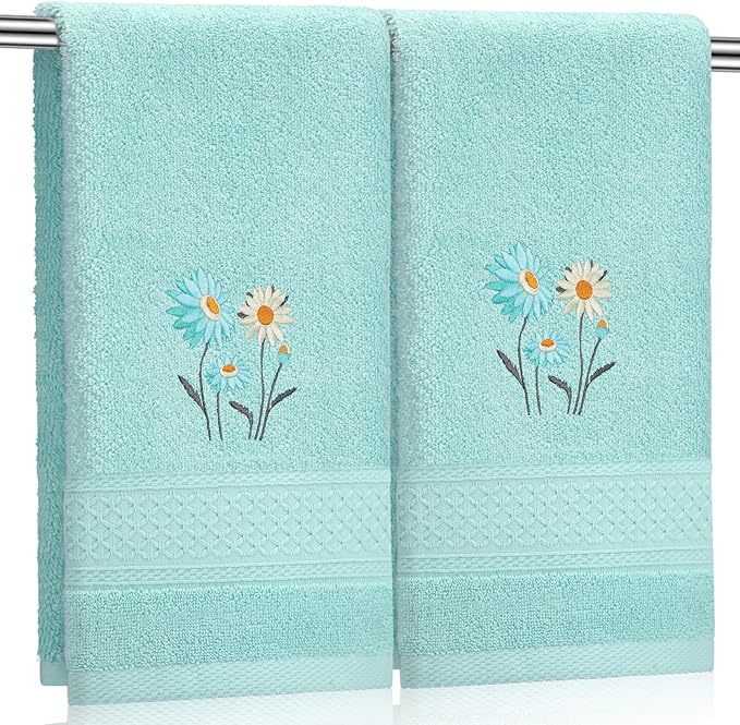 2 Pcs Daisy Hand Towels Teal Flower Bathroom Decor 14x29 Inch Embroidered 100% by SmoothNovelty