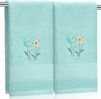 2 Pcs Daisy Hand Towels Teal Flower Bathroom Decor 14x29 Inch Embroidered 100% by SmoothNovelty