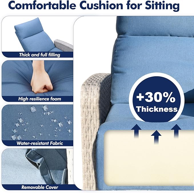 Outdoor Recliner Chair Set of 2, Wicker Patio Recliners with Adjustable Backrest and Extended Foot Rest, Reclining Patio Chairs with Flip Table & Removable Cushion Cover for Porch - Image 4