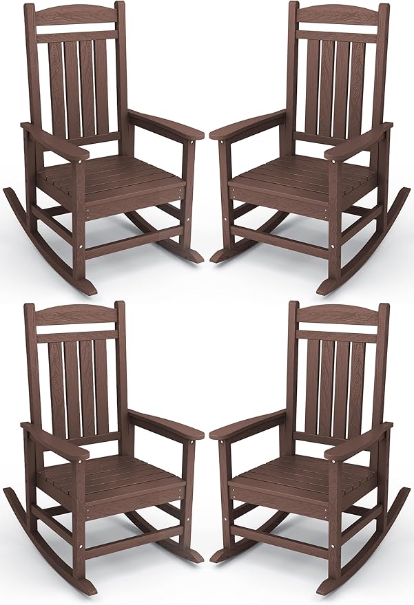 KINGYES HDPE Outdoor Rocking Chair Set of 4, All-Weather Poly Patio Rocking Chairs with 330lbs Support for Adults, Coffee Brown by KINGYES