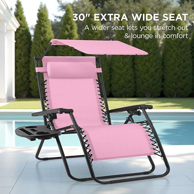 Best Choice Products 30” Wide Folding Zero Gravity Outdoor Recliner Patio Lounge Chair w/Adjustable Canopy Shade, Headrest, Side Accessory Tray - Carnation - Image 3