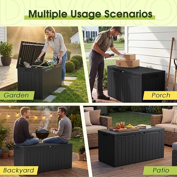 Devoko 100 Gallon Outdoor Storage Box, Waterproof Resin Deck Box for Patio Furniture, Lockable Container for Garden Cushions & Pool Supplies (Black, 100 Gallon) - Image 5