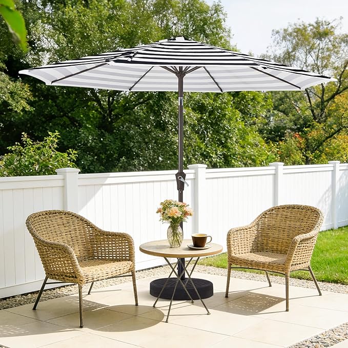 MEWAY 9ft Patio Umbrella Outdoor Table Umbrellas with Push Button Tilt and Crank, Market Umbrella 8 Sturdy Ribs for Deck, Garden, Pool and Backyard, Black-white-striped - Image 2