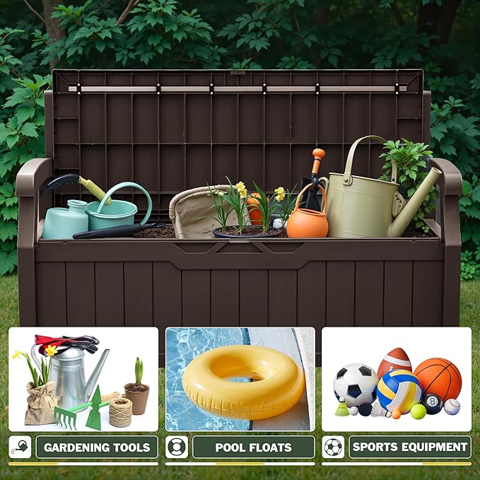 Flamaker 80 Gallon Storage Bench with Cushions Outdoor Indoor, Durable All-Weather Seating with Hidden Storage, Lockable Deck Box for Garden, Patio, Poolside (Brown) - Image 6