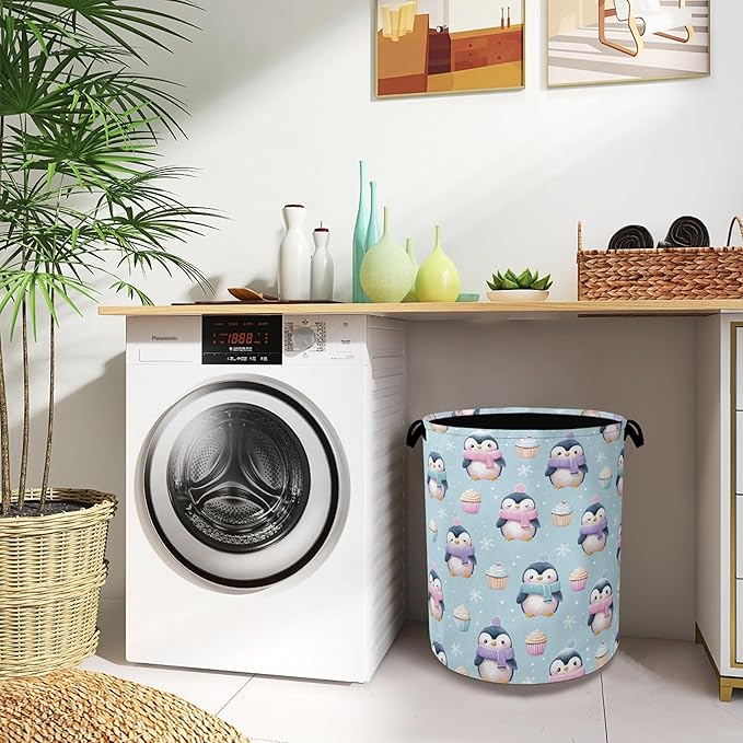 Cute Penguin Laundry Basket, Snowflake Cake Foldable Oxford Cloth Tote Bag - Image 8