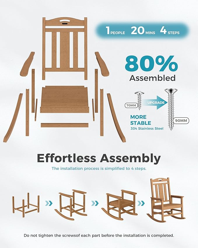 Ciokea Oversized Outdoor Rocking Chair, 380lbs Heavy-Duty Large Patio Rocker, Weather Resistant & Anti-Fade Porch Chair, High Back Cozy Rocking Chair for Outside, Fire Pit, Deck, Garden, Teak - Image 8