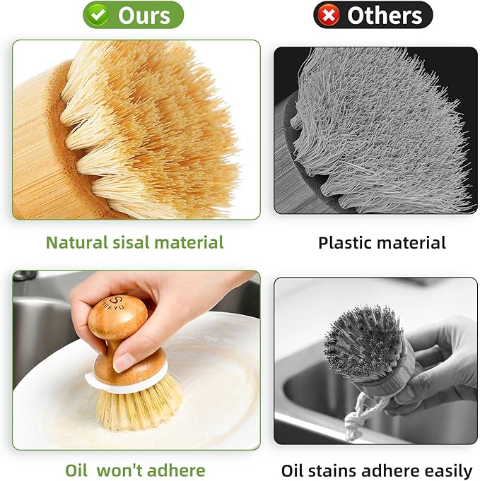 SUBEKYU Bamboo Dish Brush, Kitchen Dish Scrubber Brush, Natural Wooden - Image 4