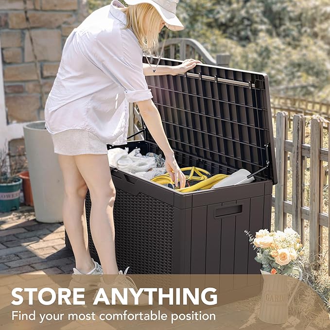 Devoko 100 Gallon Waterproof Large Resin Deck Box Indoor Outdoor Lockable Storage Container for Patio Furniture Cushions Garden Tools (100 Gallon, Dark Brown) - Image 7