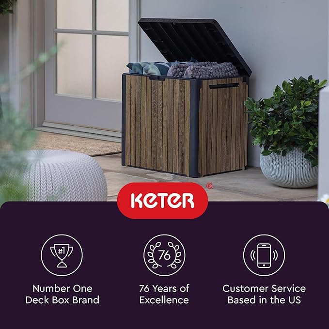Keter Signature Everwood 30 Gallon Resin Deck Box for Outdoor Storage – Weather‑Resistant Balcony & Patio Box for Cushions, Throw Pillows & Garden Tools, Walnut - Image 10