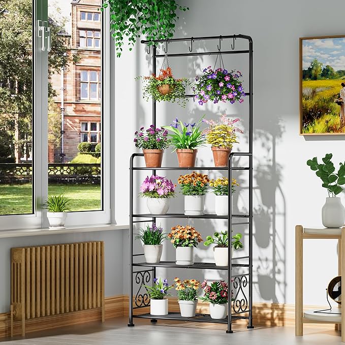 Plant Stand Indoor Outdoor Heavy Duty Metal - 68.4" Tall 4-Tier Shelf for Multiple Plants, Flowers, Rustproof Black Storage Rack for Patio, Balcony, Living Room, Garden, Includes Hooks&Adjustable Feet - Image 4