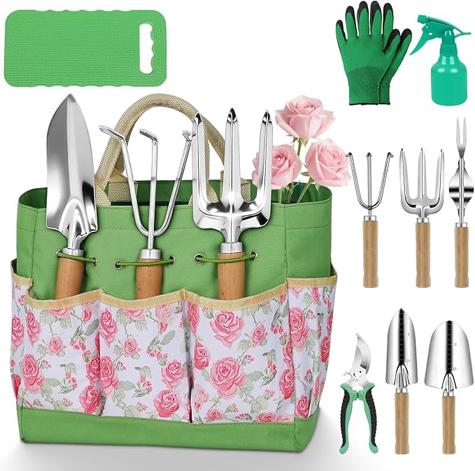Garden Tool Set,10 Piece Garden Kit,Heavy Duty Stainless Steel Gardening Hand Tools with Durable Storage Tote,Rust-Proof Garden Tools,Gardening Gifts for Women Men Pink Floral Pattern Design by HoHaing