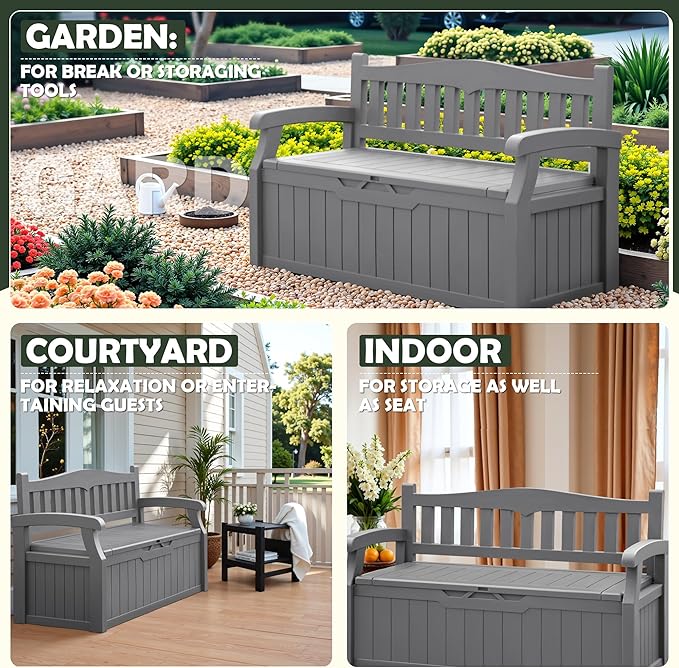 Flamaker 80 Gallon Storage Bench Outdoor Indoor, Durable All-Weather Seating with Hidden Storage, Lockable Deck Box for Garden, Patio, Poolside (Grey) - Image 4
