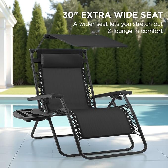 Best Choice Products 30” Wide Folding Zero Gravity Outdoor Recliner Patio Lounge Chair w/Adjustable Canopy Shade, Headrest, Side Accessory Tray - Black - Image 3