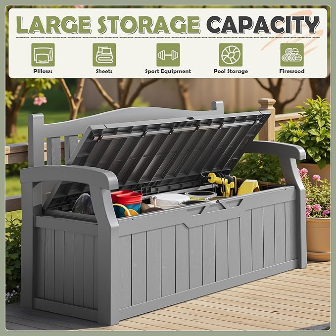 Homall 75 Gallon Outdoor Storage Benches Lockable Deck Box with Waterproof and UV Resistant, Waterproof Storage Box for Patio Furniture, Tools, Cushions (Grey) - Image 4