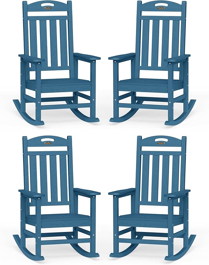 Oversized Outdoor Rocking Chairs Set of 4, High Back Porch Rocking Chair, HDPE All Weather Resistant Patio Chairs, 380lbs Weight Capacity, Navy Blue by Suunyn