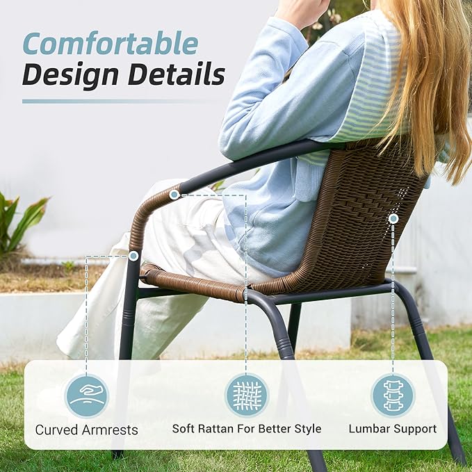 Amopatio Outdoor Dining Chairs Set of 6, Rattan Wicker Patio Chairs, Stackable Indoor-Outdoor Chairs, Bistro, Deck, Yard, Porch, 6 Pack, Brown - Image 4