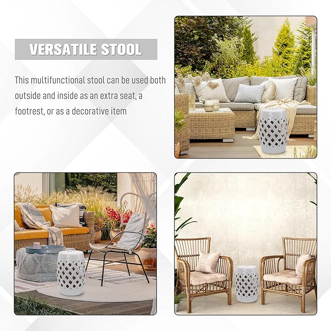Outsunny 13" x 18" Ceramic Garden Stool with Woven Lattice Design & Glazed Strong Materials Decorative Outdoor Stool, White - Image 5