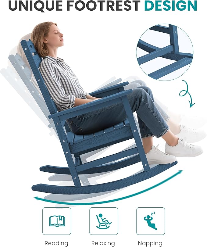 SERWALL Outdoor Rocking Chair Set of 4, Oversized HDPE Patio Rocking Chair with Footrest for Adults, All Weather Porch Rocker for Deck Patio Balcony, Navy - Image 7