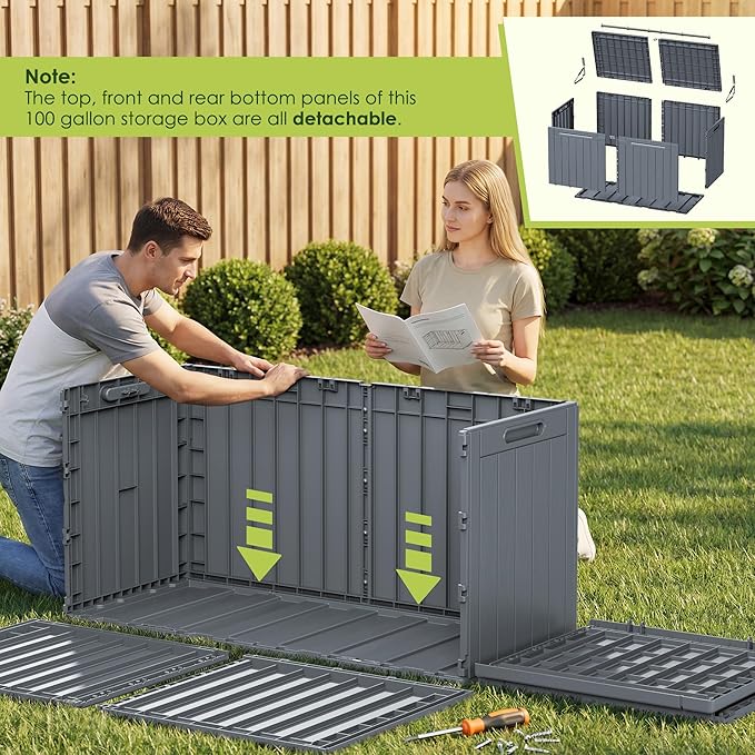 Devoko 100 Gallon Outdoor Storage Box, Waterproof Resin Deck Box for Patio Furniture, Lockable Container for Garden Cushions & Pool Supplies (Gray, 100 Gallon) - Image 6