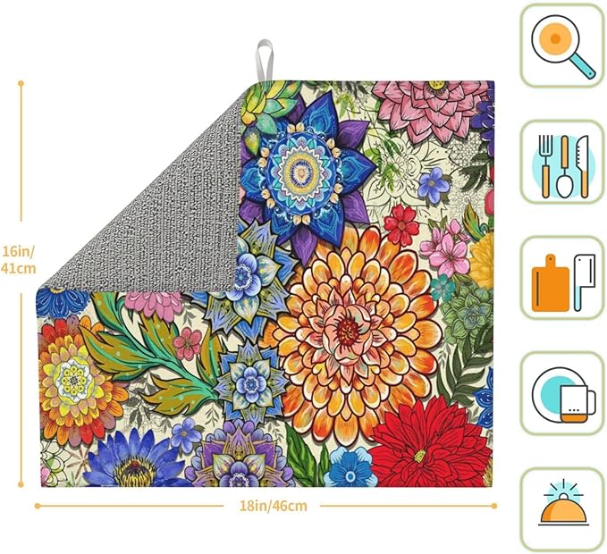 Boho Floral Dish Drying Mats for Kitchen Counter, Absorbent Microfiber Colorful - Image 6