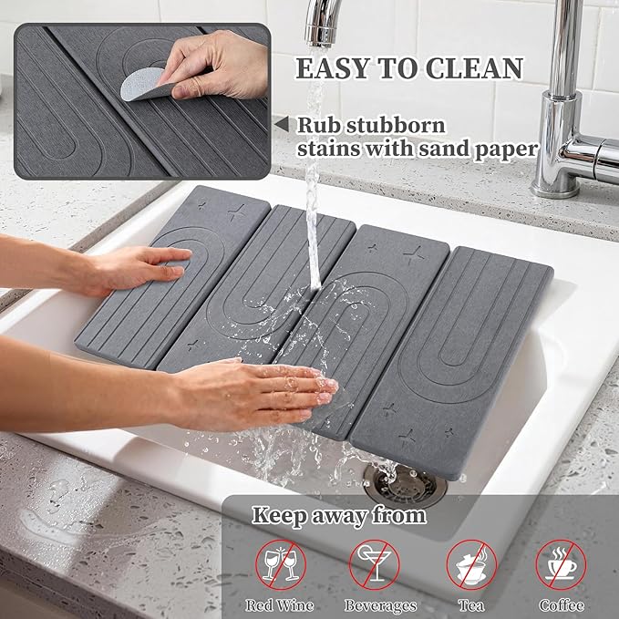 Large Stone Dish Drying Mat for Kitchen Counter, Foldable Diatomaceous Earth - Image 5