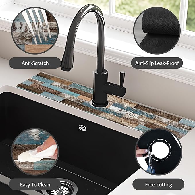2PCS 24" X 5.5" Kitchen Sink Splash Guard Faucet Mat Wood Grain Super Absorbent - Image 6