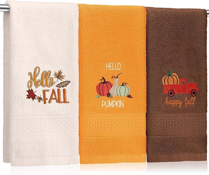 3 Pcs Fall Pumpkin Hand Towels for Bathroom Embroidered Bathroom Towels by SmoothNovelty