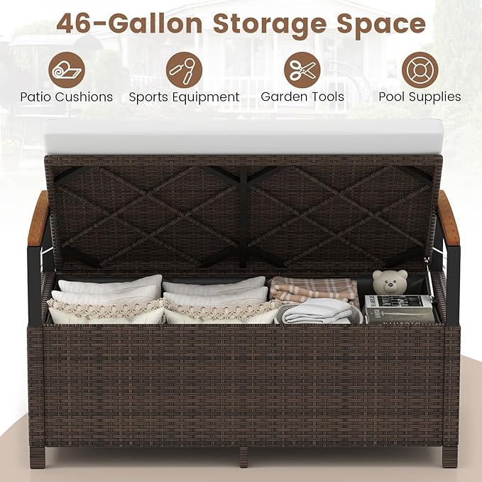 Tangkula 46 Gallon Outdoor Bench with Storage, Outdoor PE Rattan Storage Bench with Cushion, Backrest & Acacia Wood Armrests, Metal Frame, Waterproof Deck Box Seat for Porch Backyard Poolside - Image 3