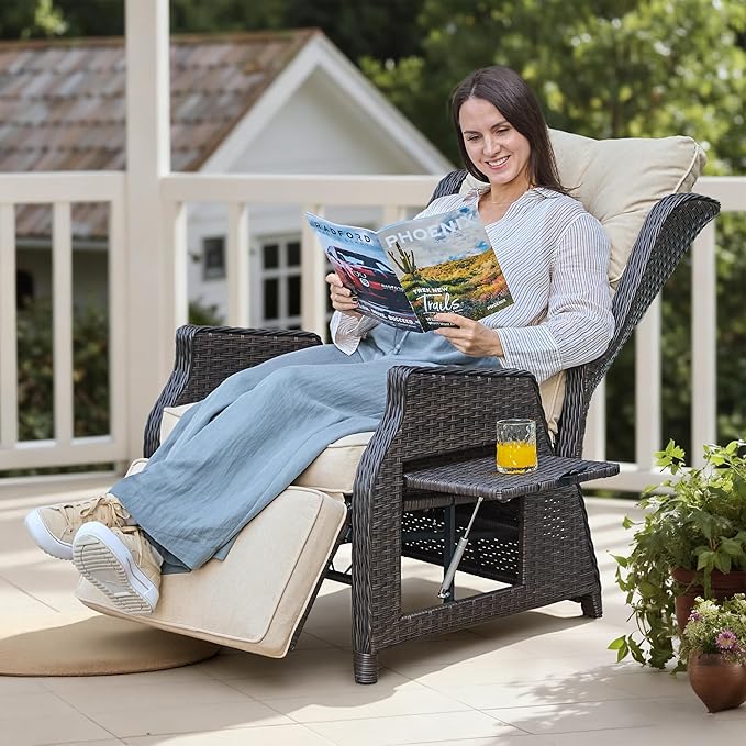 Outdoor Indoor Wicker Recliner with Adjustable Back and Footrest, Patio Reclining Chair with Flip-up Table, Outdoor Rattan Lounge Chair, Upgrade Beige - Image 7