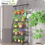GIOTORENT Plant Stand Indoor Outdoor, 4-Tier Heavy Duty Metal Shelves, Display up to 17 Multiple Plants, Tall Plant Holder with Plant Hanger, Suit for Patio Living Room Garden Balcony, 5 Hooks, Black - Image 4