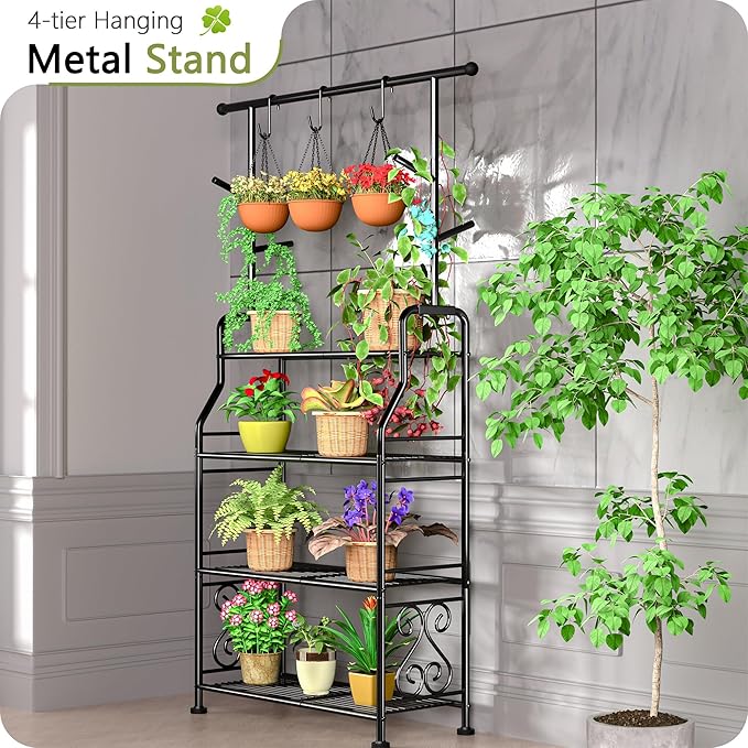 GIOTORENT Plant Stand Indoor Outdoor, 4-Tier Heavy Duty Metal Shelves, Display up to 17 Multiple Plants, Tall Plant Holder with Plant Hanger, Suit for Patio Living Room Garden Balcony, 5 Hooks, Black - Image 4