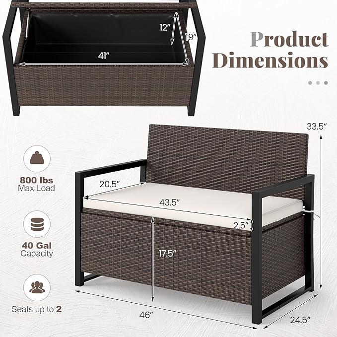 RELAX4LIFE Wicker Outdoor Bench with Storage - Rattan Deck Box w/Protective Liner for Pillows, Pool Supplies, Garden Tools, Patio Loveseat with Seat Cushion & Metal Armrests for Backyard Porch Balcony - Image 3
