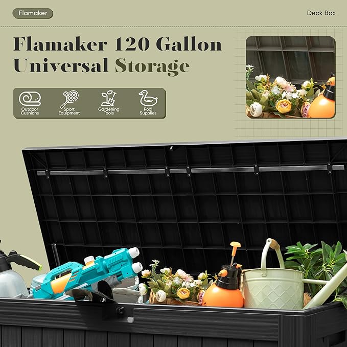 Flamaker Resin Deck Box 120 Gallon Waterproof Large Outdoor Indoor Storage Box Imitation Wood Resin for Patio Furniture Garden Tools and Pool (Black) - Image 5