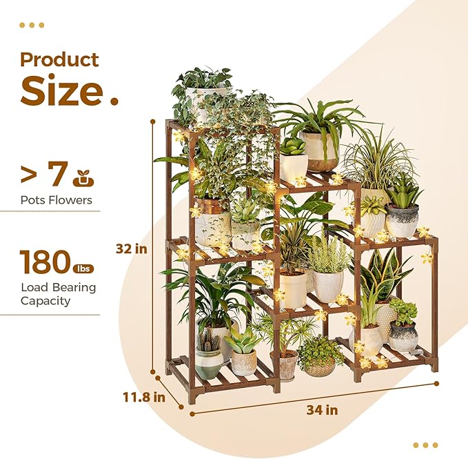 Bamworld Plant Stand Indoor with Flower Fairy Lights Battery Plant Shelf Wood Plant Rack for Multiple Plants 3 Tiers Ladder Plant Holder for 7 Pots for Living Room Home Decor for Gardening Gifts - Image 5