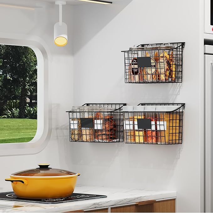 Wall Mounted Bin Basket with 5 Hooks 3 Label Plate Adhesive-3 Pack, Cabinet - Image 5
