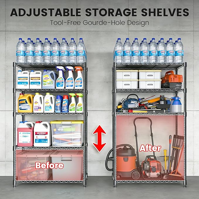 Xcity Storage Shelves, 5 Tier Heavy Duty Metal Shelving Unit, 2000 LBS Capacity Adjustable Steel Wire Shelf Organizer for Pantry, Kitchen, Garage, 14" D x 30" W x 60" H, Black - Image 4
